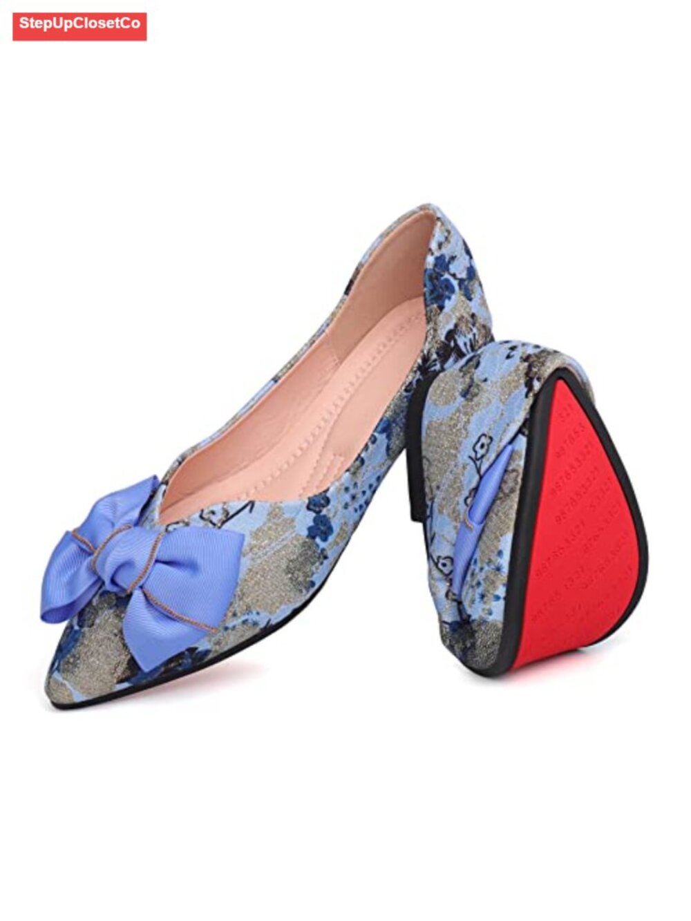 Women's Pointed Toe Bow Embroidery Ballet Flats Slip On Dressy Shoes